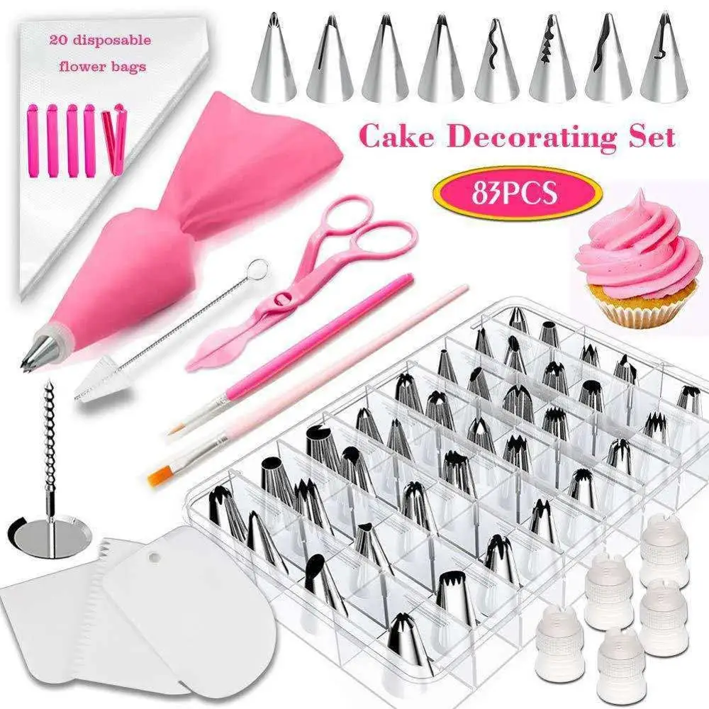 

83 Piece Pink Kitchen Accessories Icing Piping Cream Pastry Bag With Stainless Steel Nozzle DIY Cake Decorating Tips Set, As picture