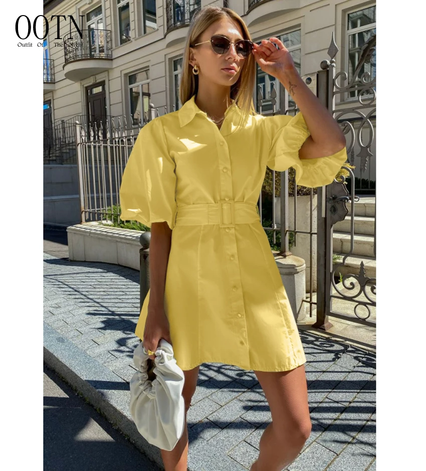 

OOTN Women Fashion Sashes 2021 Summer Single-Breasted Lantern Sleeve Dress Lapel Cotton Half Sleeve Yellow Shirt Dress