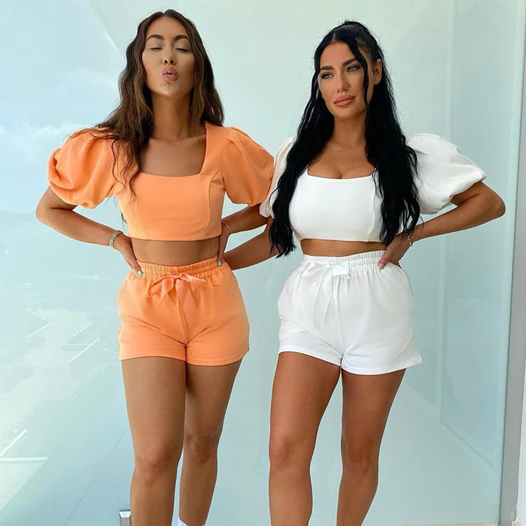 

Sexy Puff Short Sleeve Zipper Crop Top Elastic Shorts Two Piece Short Set Ladies Two Piece Set Outfit White Two Piece Sets