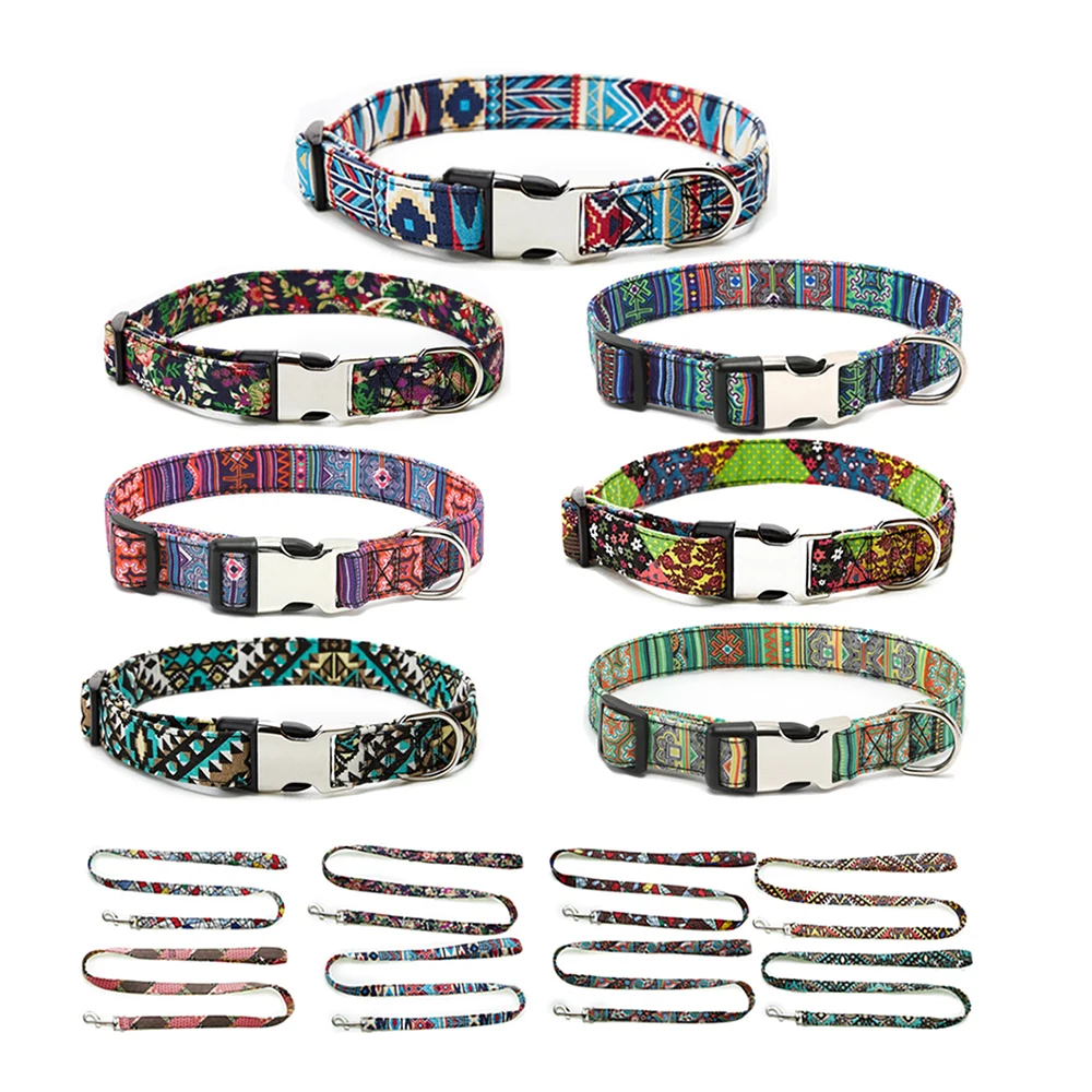 

Fashion Western Boho Pattern Collar And Leads Printed Cotton Fabric With Metal Buckle Set For Dog, Picture shows