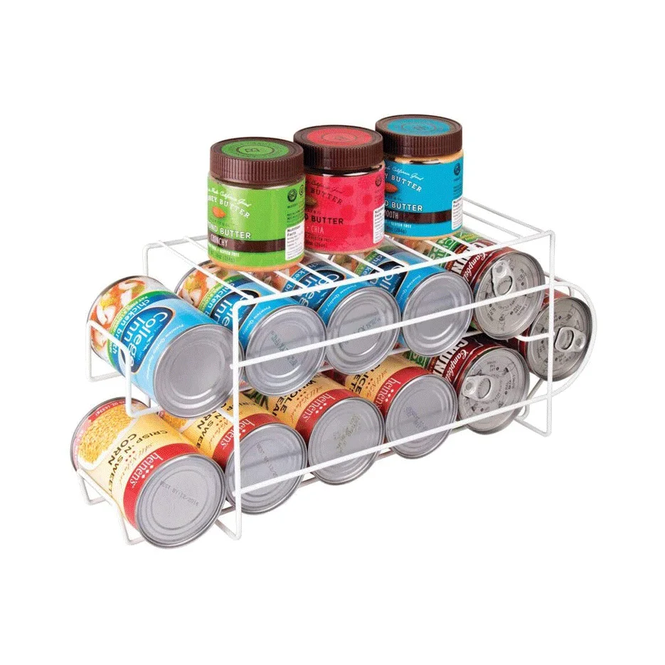 

2-tier metal wire standing pop/soda and food can dispenser storage rack organizer with top shelf for kitchen panty, White