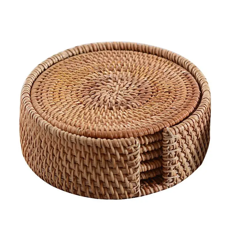 

Custom Wholesale Round Dining Table Drink Placemats Mat Holder Rattan Woven Pads Insulated Tea Cup Coaster, Customized color