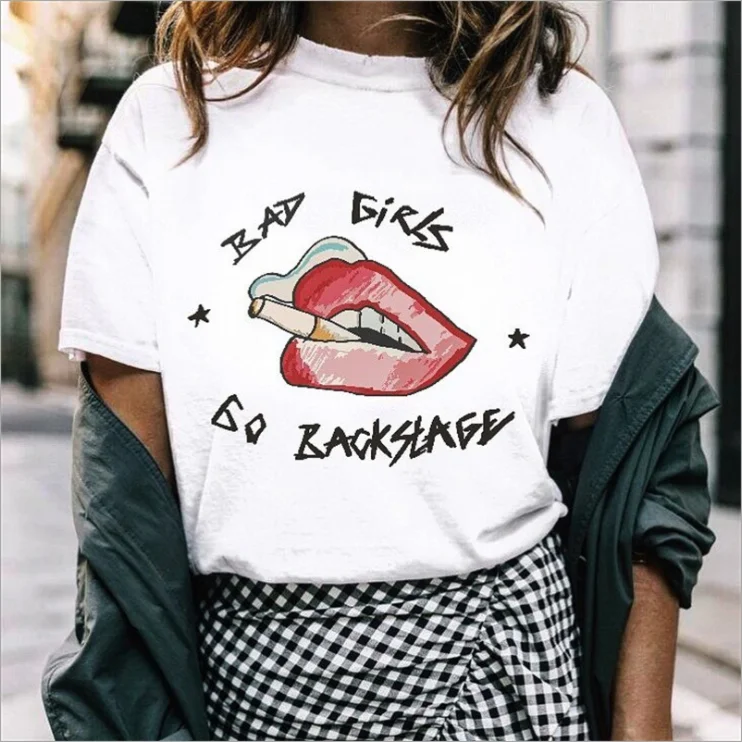 

Custom summer lips print short sleeve polyester women white t shirt