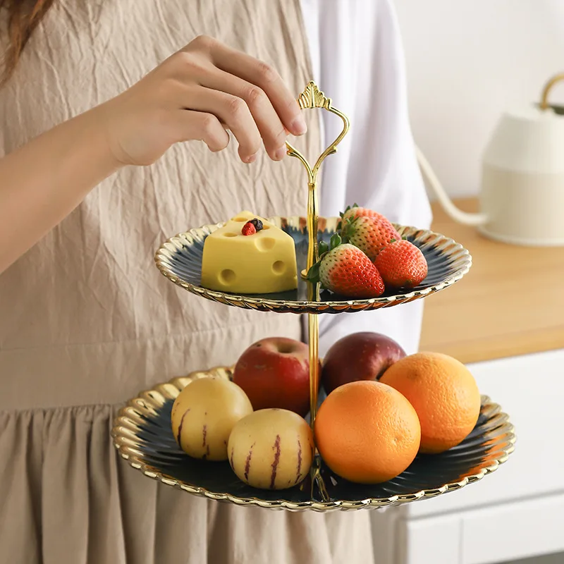 

Nordic ceramic skewers creative double fruit plate dessert rack dessert table ceramic tray buffet plate dried fruit plate, Customized color