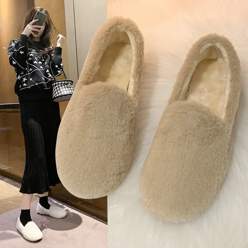 

2021 Warm Winter Shoes Cute Bow Women Ballet Flats Soft Fur Padded Cotton Shoes Woman Ankle Snow Boots Slip on Furry Slides For