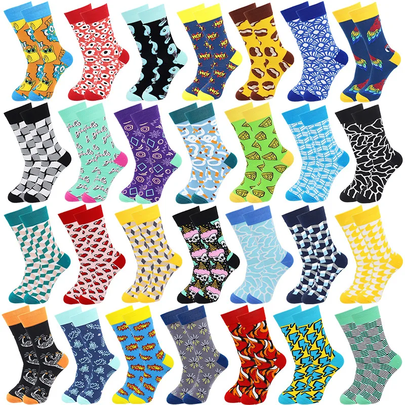 

Wholesale Men's New Fashionable Colorful Flower Letters Geometric Heart Plaid Happy Funny Crew Socks for Men, Multi colors