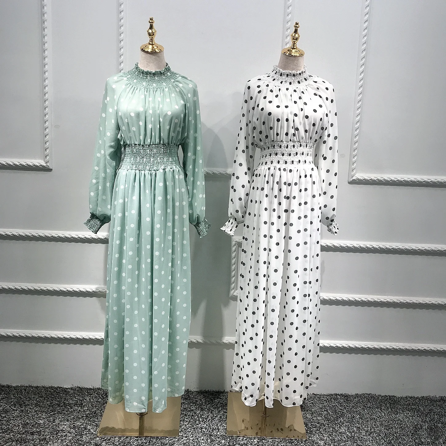 

2020 Turkey Ramadan muslim abaya women chiffon summer dress elastic waist islamic clothing, White, green