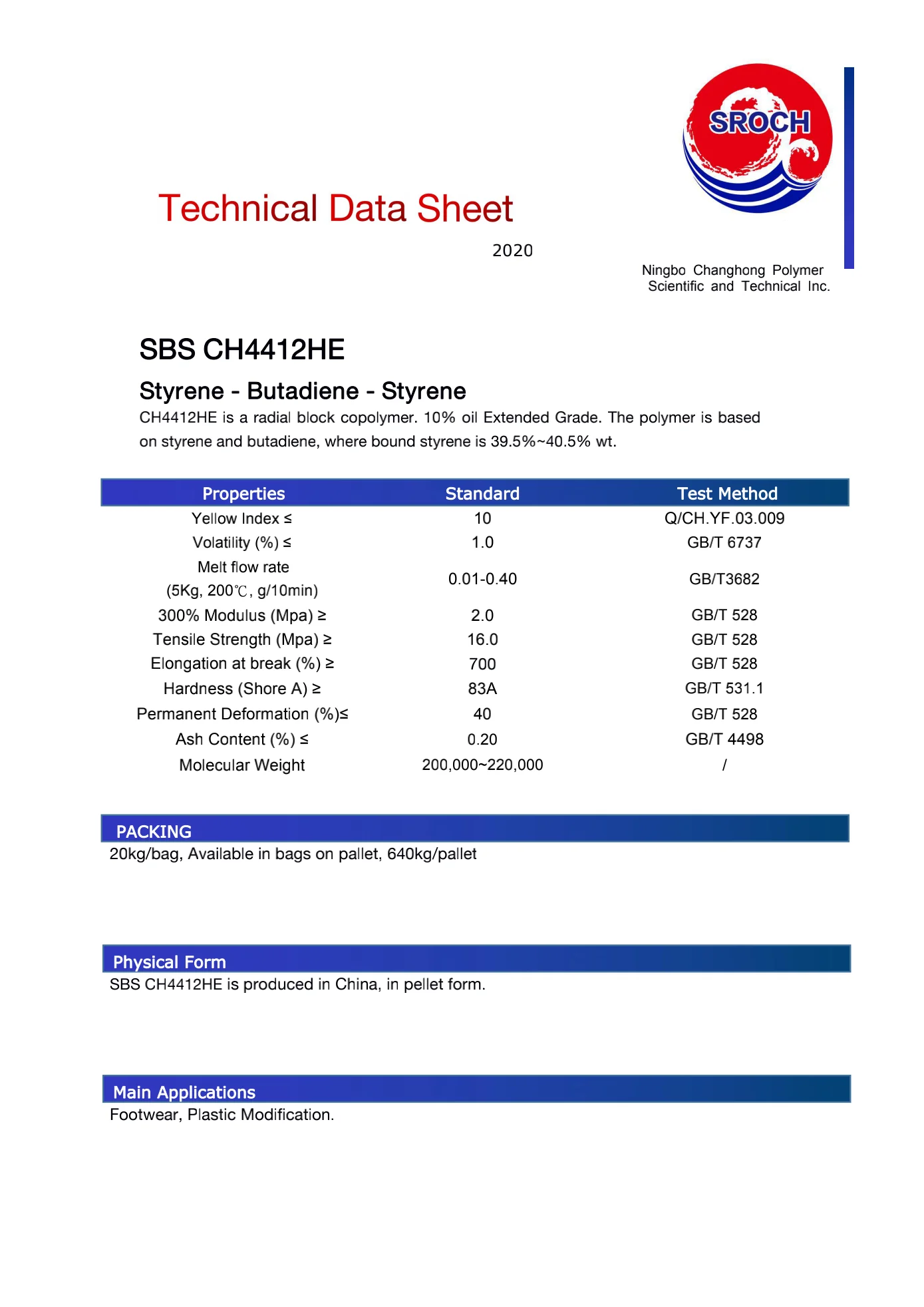 
Styrene Butadiene Styrene SBS CH SBS 4412HE apply for plastic modification 
