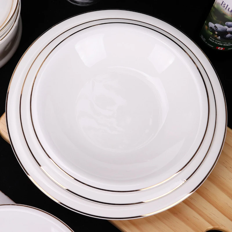 

Chaozhou factory wholesale white gold rim luxury serving soup plate and dish dinnerware round glazed wide rim dinner plate
