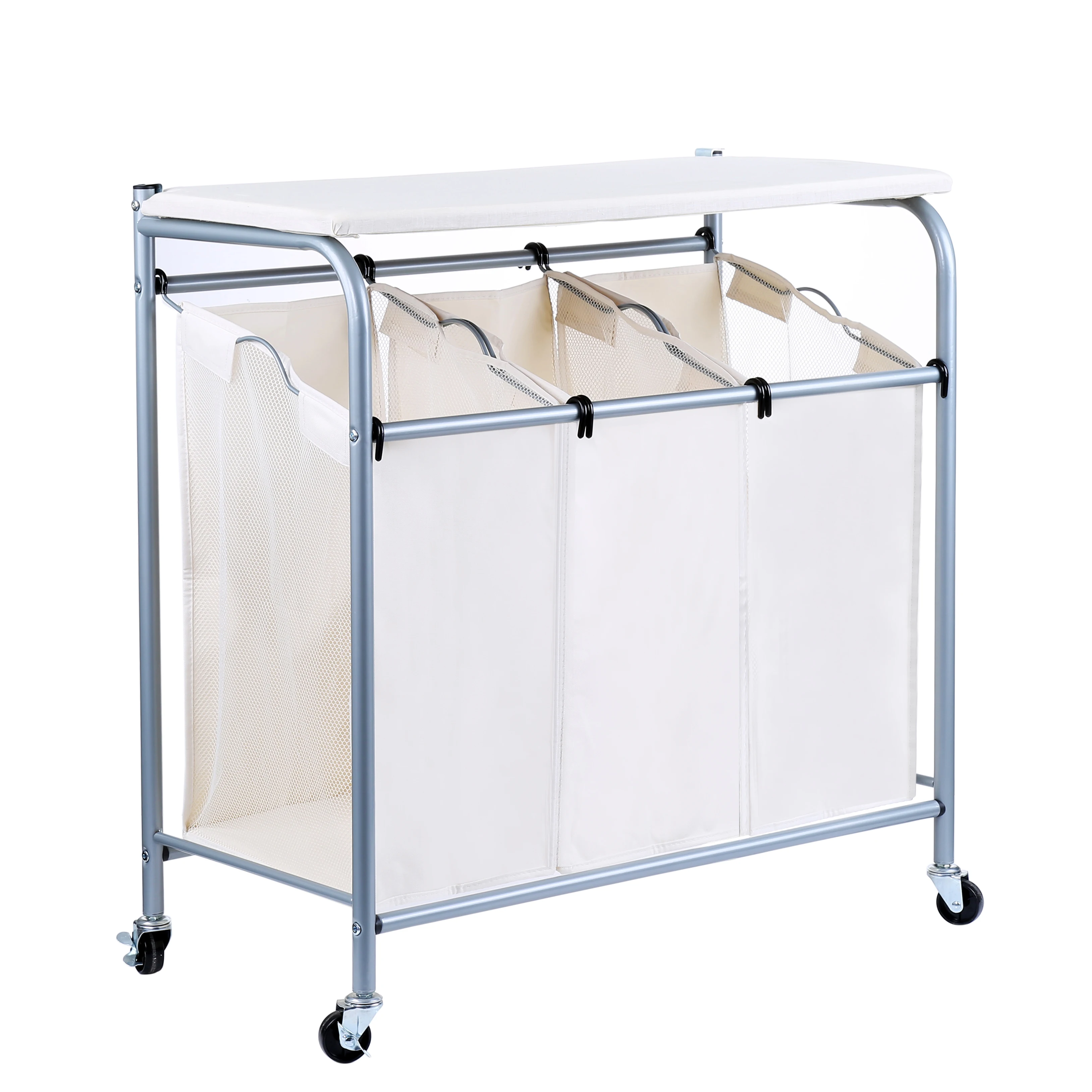 

Classic Rolling Laundry Sorter Cart Heavy Duty 3 Bags Laundry hamper with Ironing Board, Beige, or grey, or others