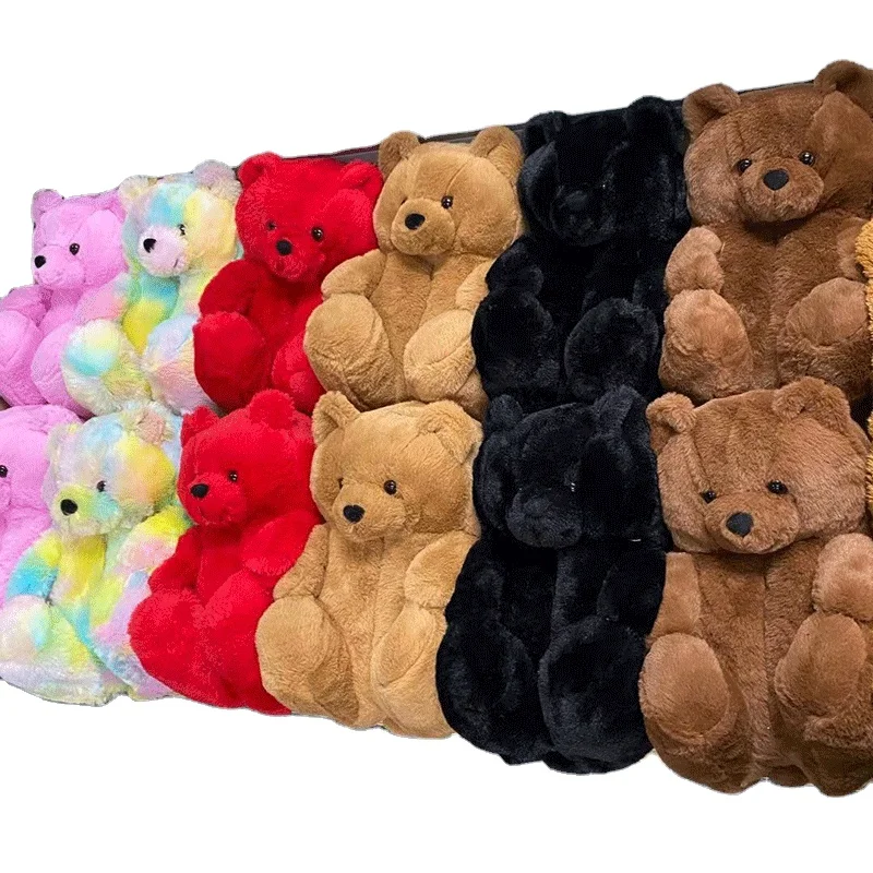 

Indoor teddy bear slippers Anti-slip faux fur luxury fashion animal slides is selling fluffy teddy bear slippers fuzzy slippers, Red pink black rainbow brown