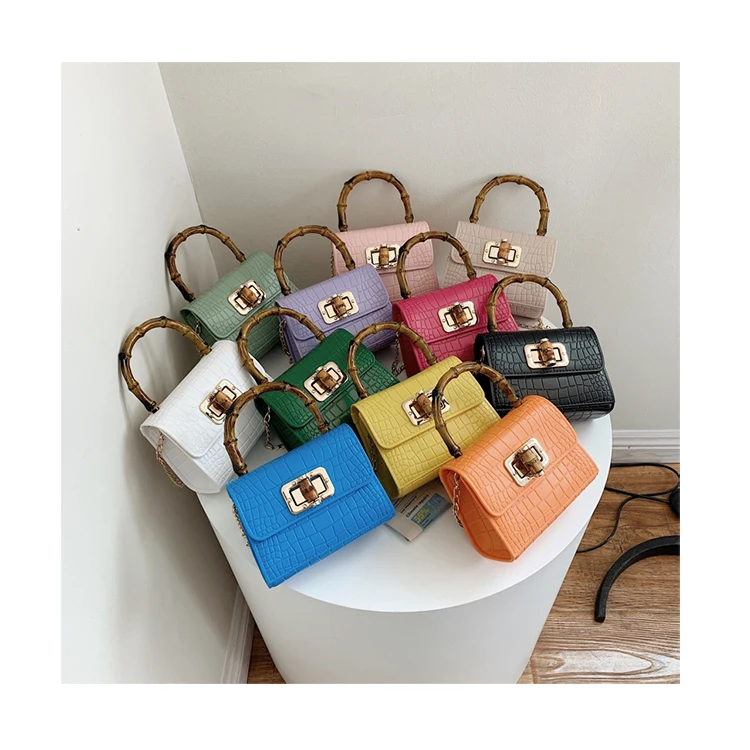 

Mini Candy Color Crocodile Pattern Women Handbags Bamboo Handle Tote 2021 Designer Chain Crossbody Jelly Bags Small Coins Purses