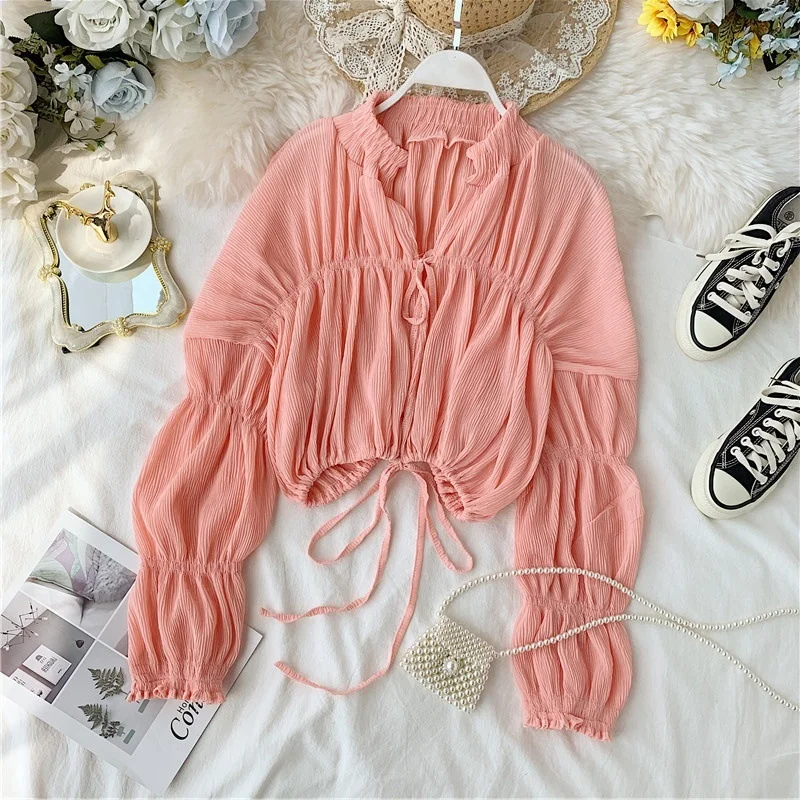

B51419A Ladies fashion new lantern sleeve yarn chiffon nice bandage blouse, White/pink/yellow/red/black/apricot