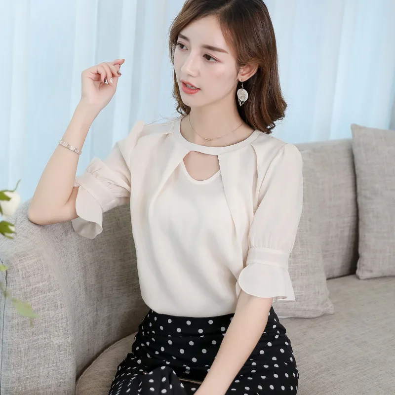 

2020 spring and summer new Korean women's fit body wild bottoming blouse short sleeve blouse women solid color chiffon blouse