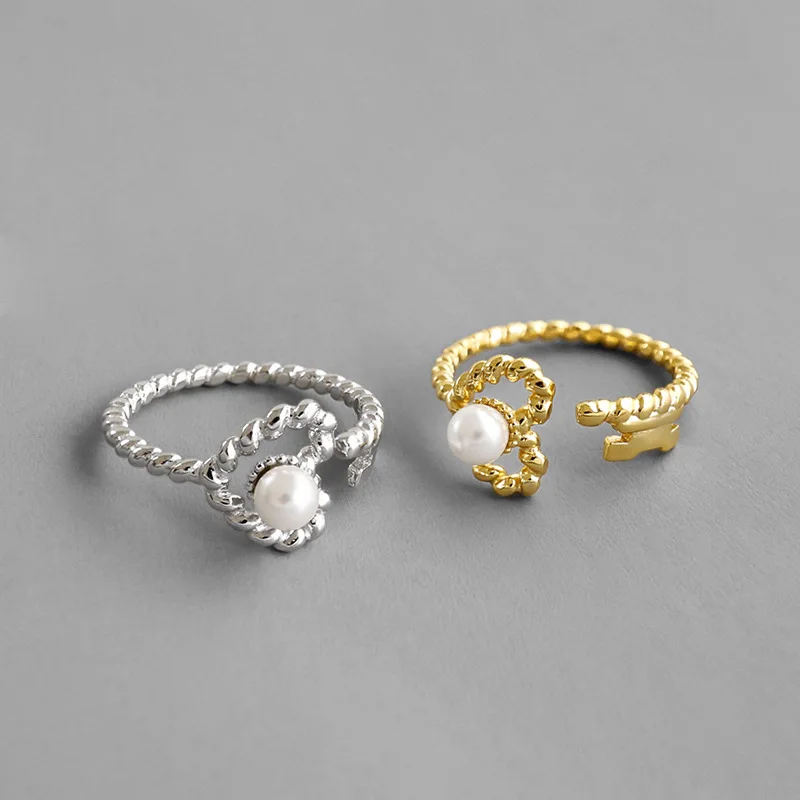 

Korea Hollow Heart Pearl Resizable Rings Rhodium Plated 925 Sterling Silver Pearl Twist Open Rings For Anniversary, As picture