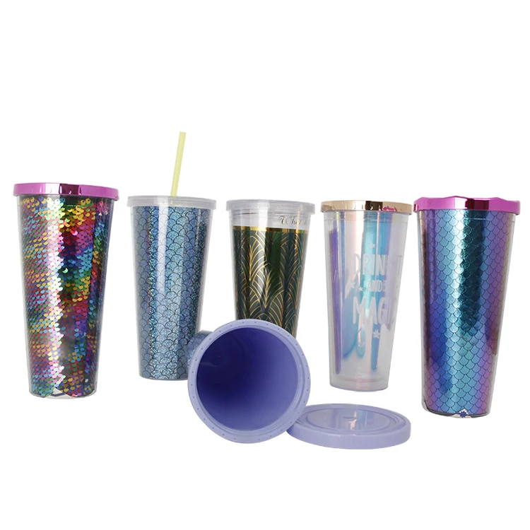 

straw double wall plastic water tumbler Electroplated metallic color PS insulated plastic glitter cup with straw, As picture