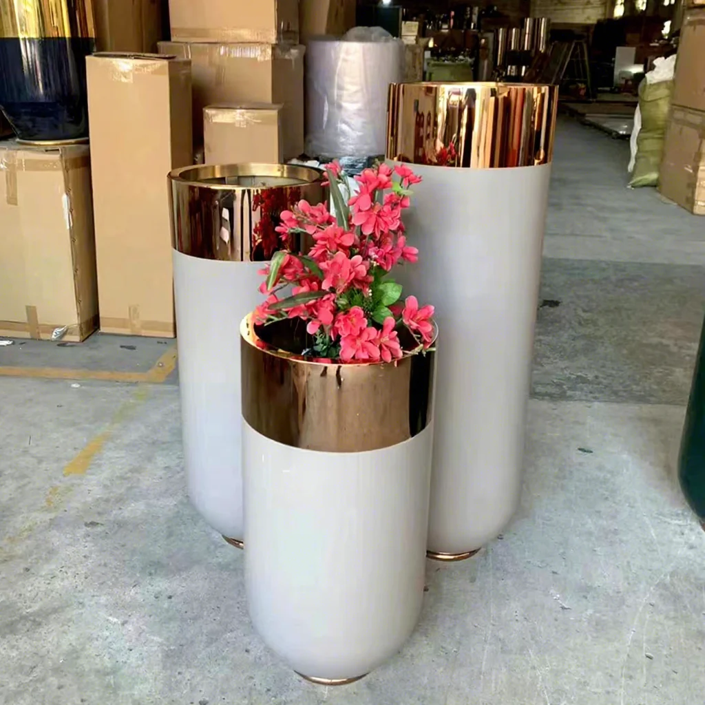 BLVE Spot Wholesale Indoor Hotel Decoration Modern Metal Planters Furniture White Stainless Steel Flower Pots