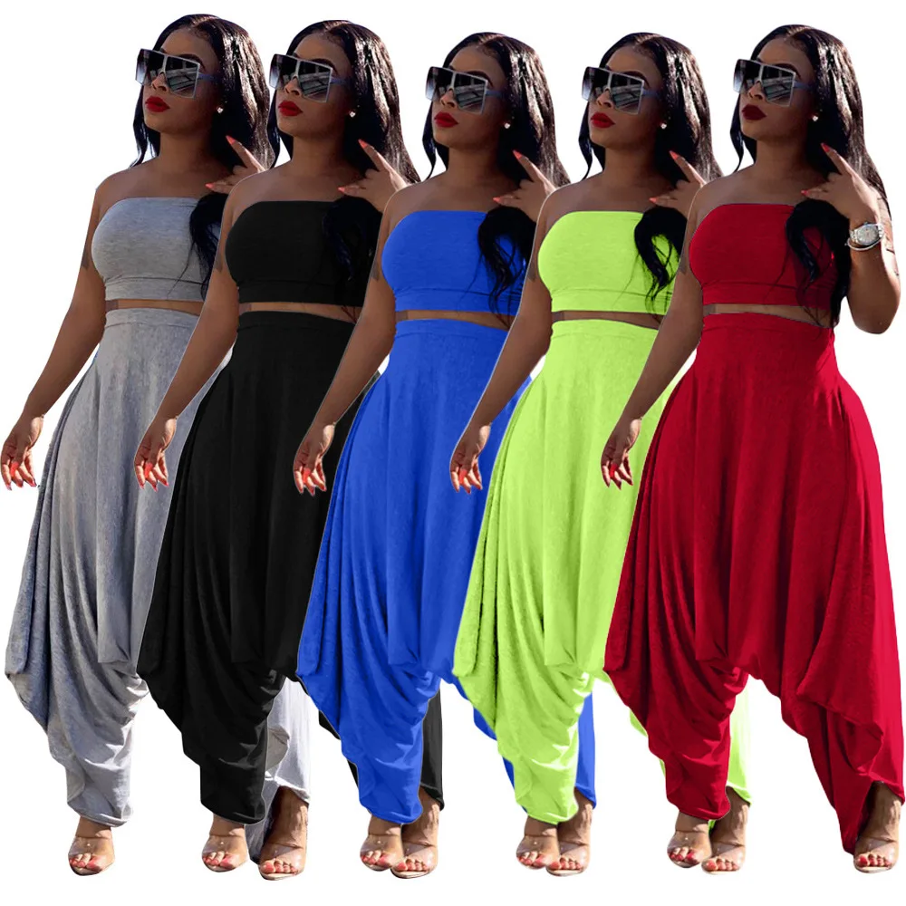 

Solid Women Clothes Apparel 2020 Clothing Sexy Solid Cropped Two Piece Pants Set