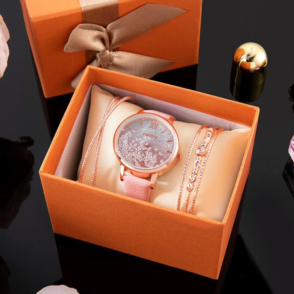 

High quality hot 3pcs gift set women leather strap fashion bracelets quartz watches, As pic