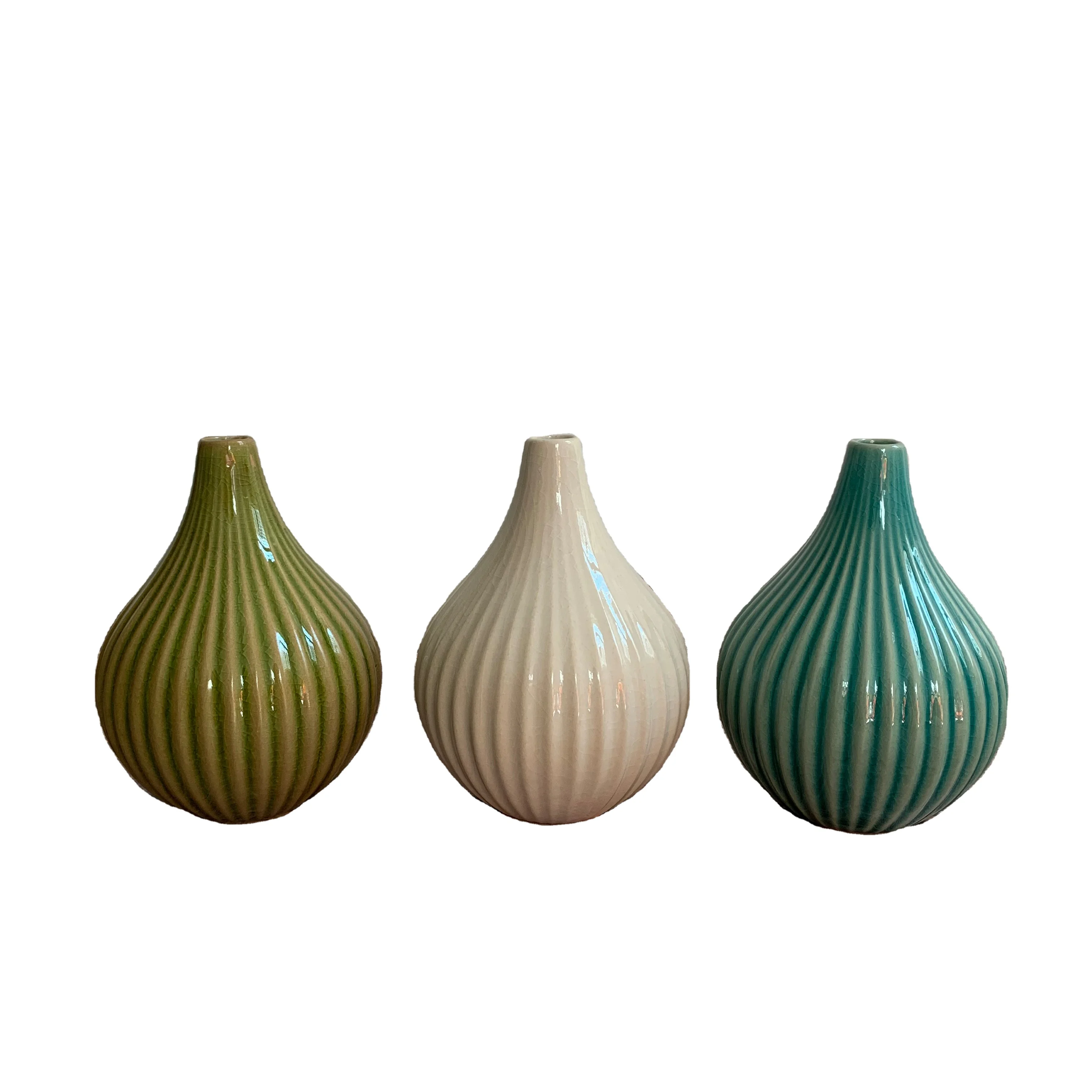 

Unique Crackle Glazed Simple Stripes Design Retro Style Decoration Vase Ceramic Flower Vase Mini Size Floral Container For Decor