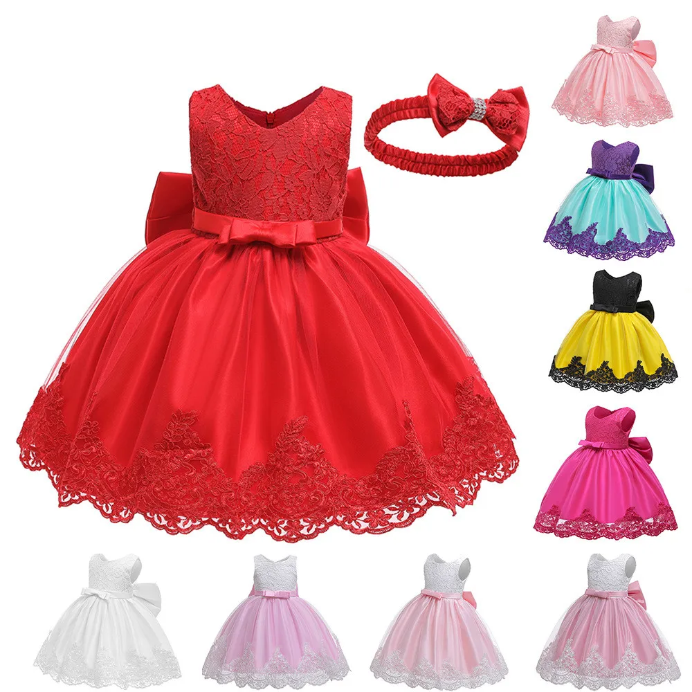 

Wholesale Price Newborn Baby Girl Party Dress With Bow Floral Christening Party Event Frock Girls Princess Free Hairband, As picture