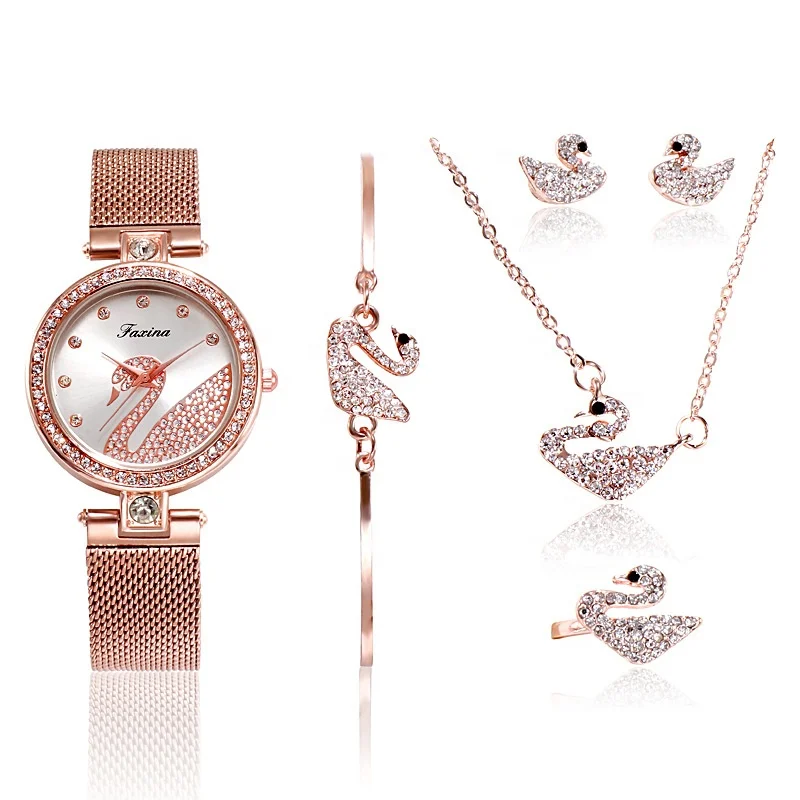 

Best selling fashion quartz Movt diamond watch necklace bracelet ladies gifts dubai gold plated jewelry set, Picture shows