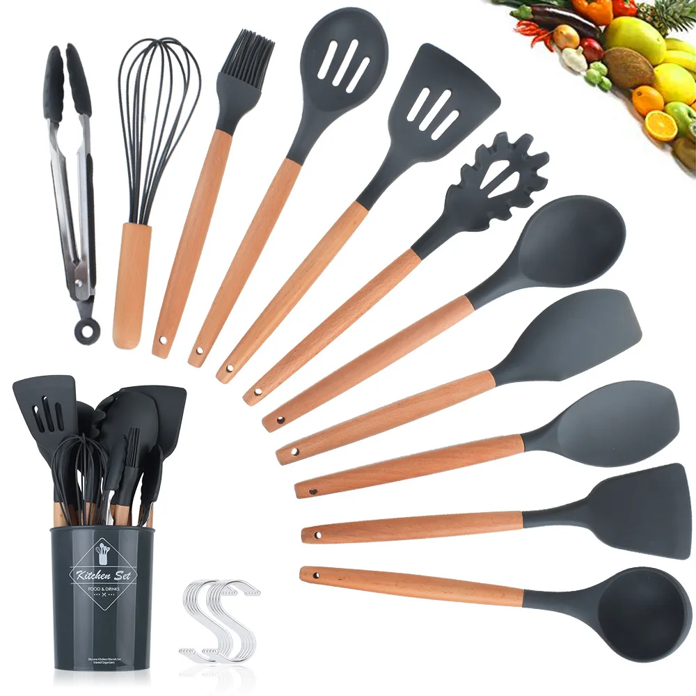 

11 Pieces Cooking Utensil with Wooden Handles Silicone Cooking Utensils Kitchen Utensil Set, Black,green,caliamary
