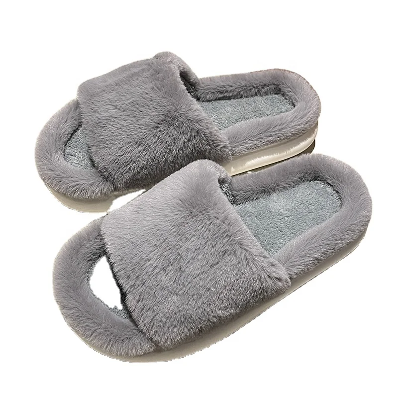 

Hot Sale Slippers American Women's cheap Shoes Female Lady Fur Flip Flops Slides 2023 Soft Plush Cotton Indoor Winter