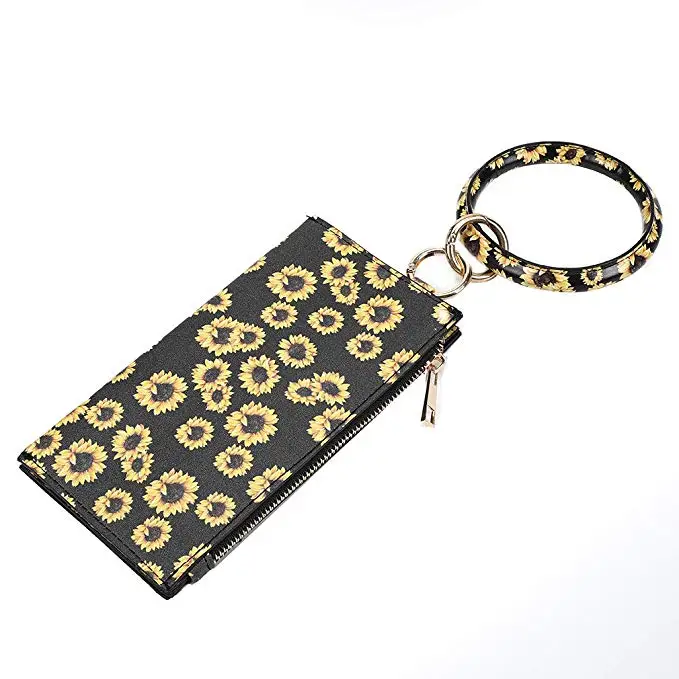 

Wristlet Keychain With Purse Bangle Keychain O Key Ring PU leather Keyring Bracelets For Women(Sunflower), Like pictures