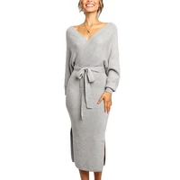 

In Stock Woman Gray V Neck Long Sleeve Knit Belted Midi Sweater Dress