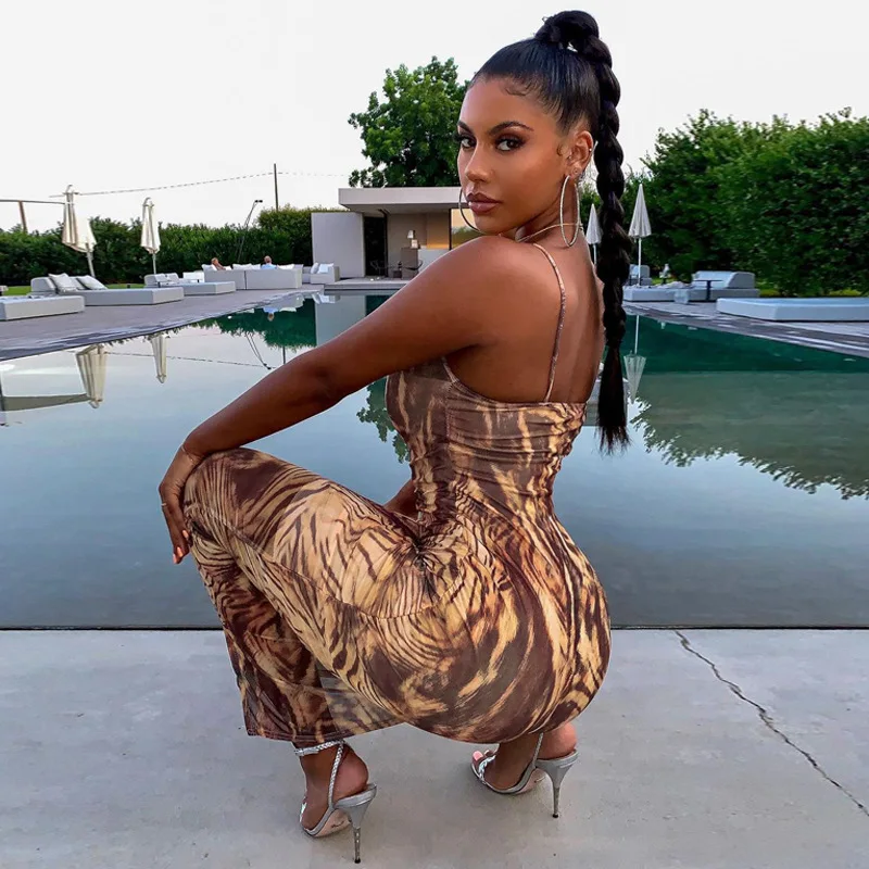 

Women Fashion Summer Sleeveless Bodycon Slim Printed Beach Pencil Long Dress Sundress 2021 Female Clothing Streetwear