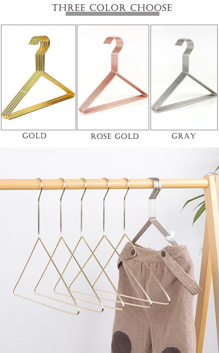 Shiny Triangle Shape Gold Metal Wire Rose Gold Children Baby Cloth Hangers with Long Hook