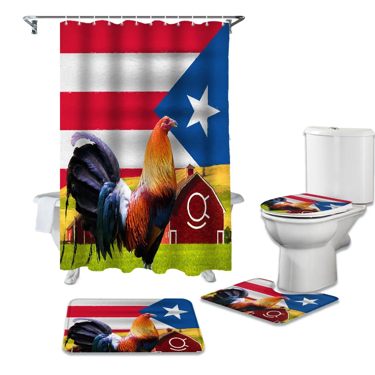 

Flag of Puerto Rico 3D Print design custom Polyester Fabric Shower Curtains 4-piece set with bathroom non-slip mat, Custom-made