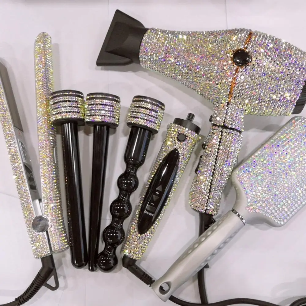 

Professional hot hair tools bling rhinestone salon hair tools set flat iron and hair dryer with curling wand sets, Pink,gold,blue,crystal or customize as your requirement