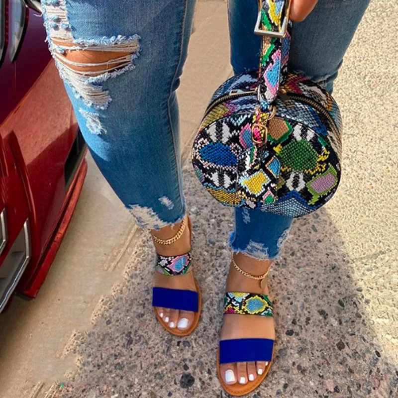 

Fashion Women Colorful Snake Printing Purses And Sandals Set Ladies Round Bag Sandals and Purse Sets