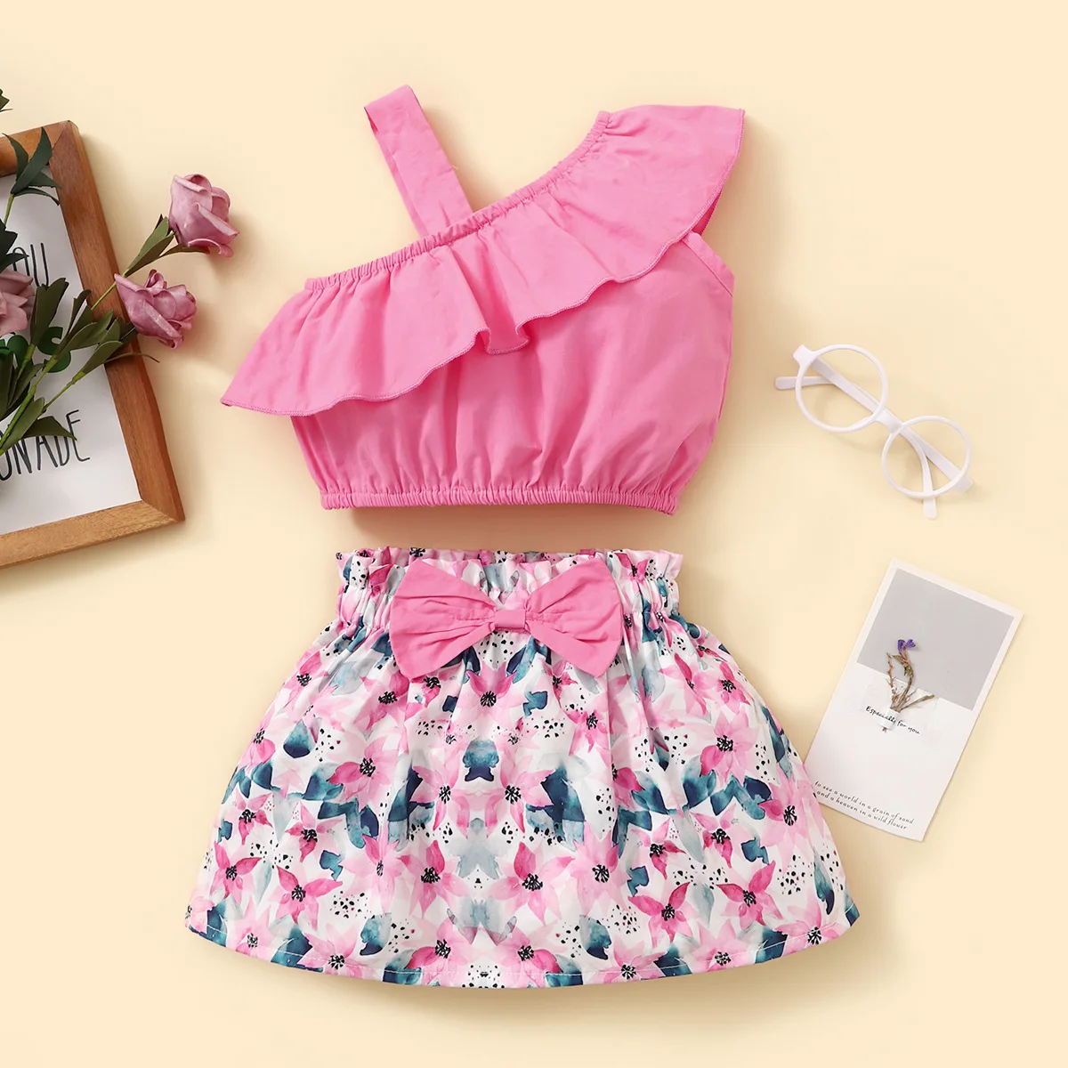 

Summer Girl Set One-Shoulder Lotus Leaf Collar Blouse Floral Skirt Two-Piece Set