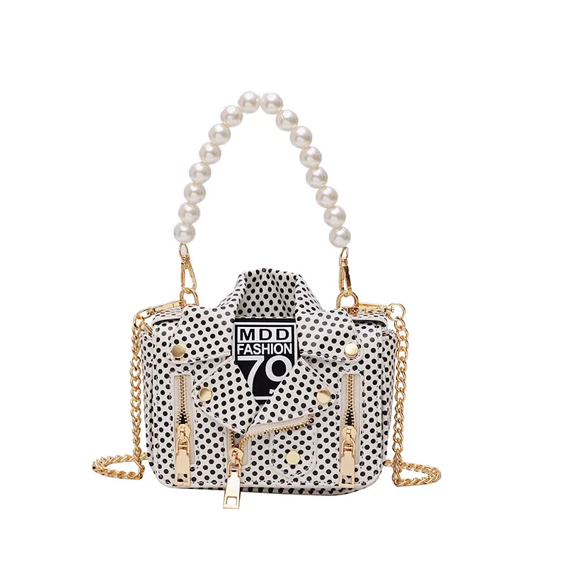 

Creative Design Polka Dots Faux Pearls Handle Chain Shoulder Bag PVC Jelly Purse PVC Jelly Bag, White/black