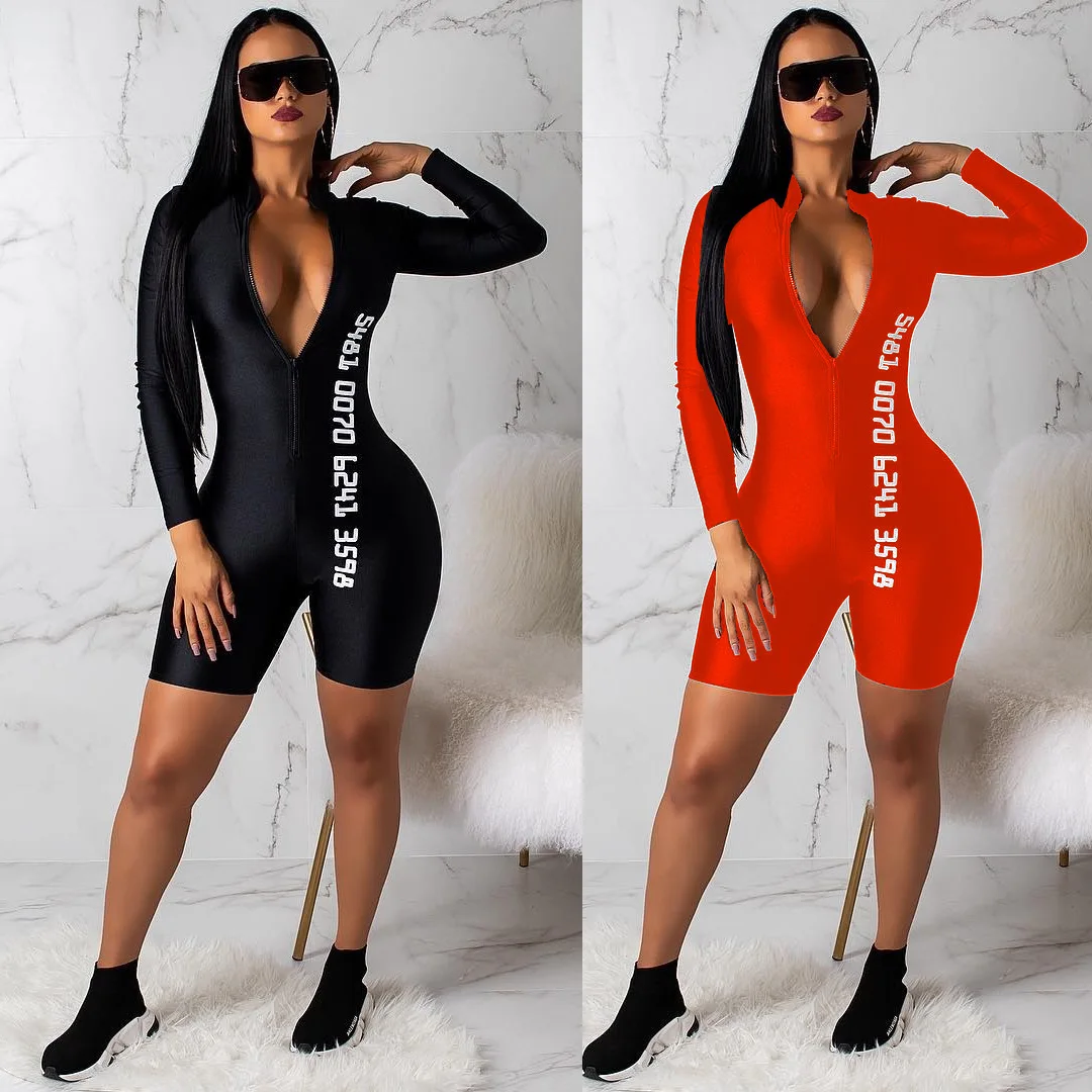 

Women Long Sleeve Printed Letter Jumpsuit Women Casual Zipper Rompers Womens V neck knittingJumpsuit Sexy Solid Color Jumpsuit