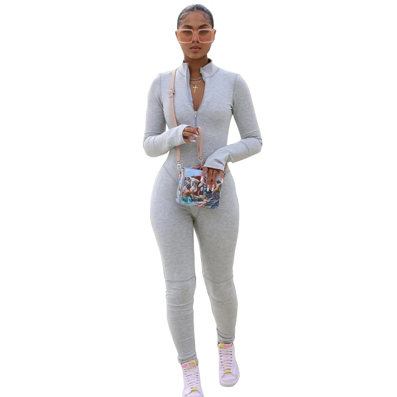 

Kliou 2020 Solid Zipper Casual Sporty Workout Women One Piece Jumpsuits And Rompers Skinny Long Sleeve Bodycon Jumpsuit