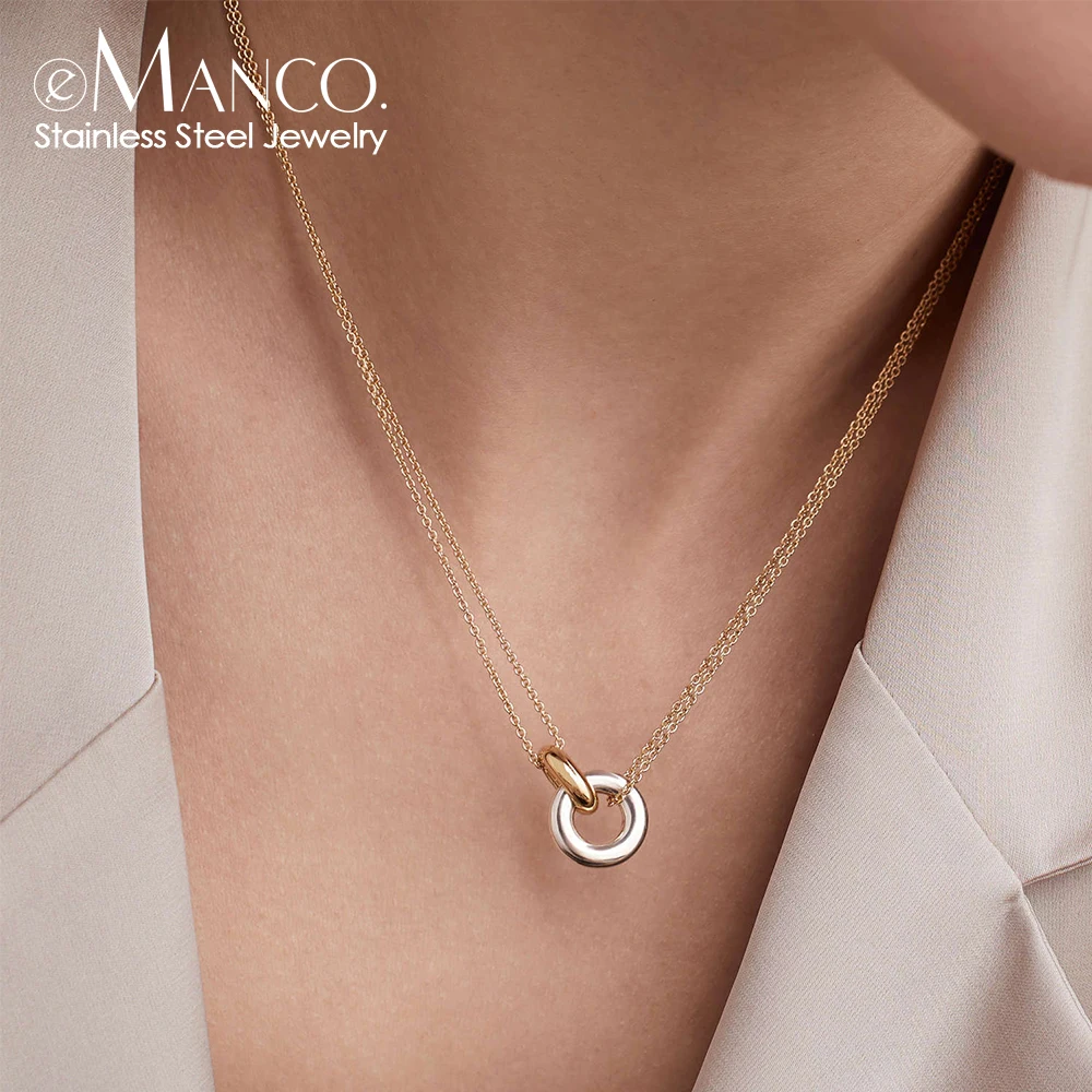 EManco INS Minimalist Double Circle Pendant Necklace Mixed Gold Silver Ring Pendant Necklace Stainless Steel Jewelry Wholesale