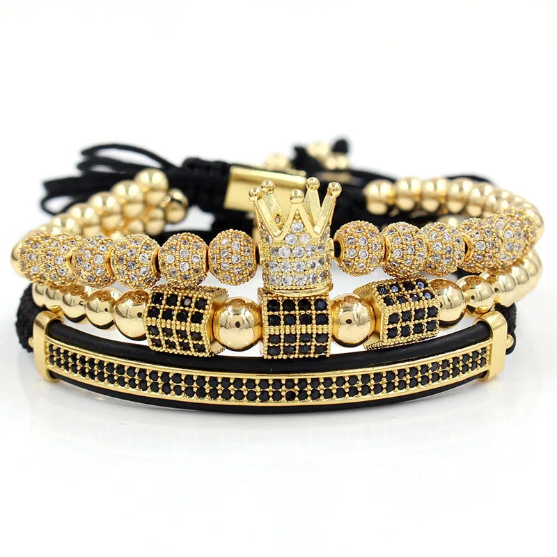 

3 Pcs/Set Charm Adjustable Crown Bracelet For Men Zircon Balls Beaded Braided Micro Pave Macrame Bracelets Bangle, Colors