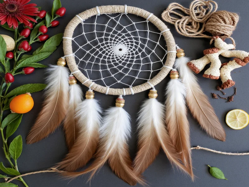Handmade feather dreamcatcher with natural materials