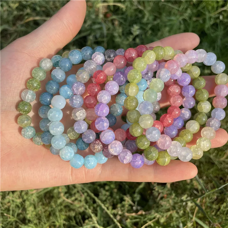 

SC Natural Stone Beads Polished Round Smooth Gemstone Beads Bracelet Candy Color Crackle Glass Beads Bracelet for Women