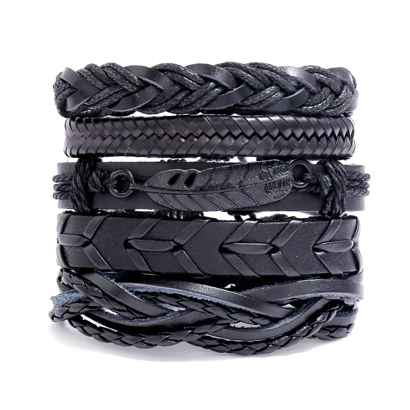

Popular Black Feather Charm Bracelet DIY Style 5 Piece Per Set Leather Wrap Bracelet Stocks Selling Fashionable Handmade Jewelry