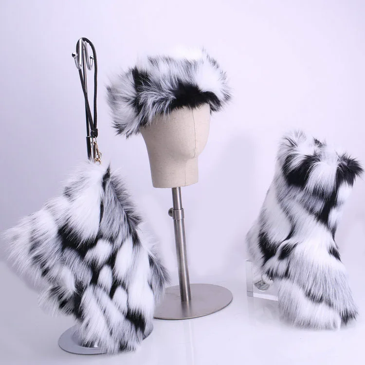 

2021 winter boots women shoes fur headband ladies faux fur boots with fur purse and and headband, As show