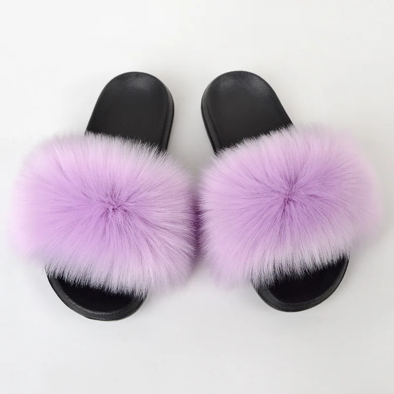 

Wholesale Faddish Women Fashion Indoor Furry Slippers pure Color Imitation Faux Rabbit Fox Fur Sandals