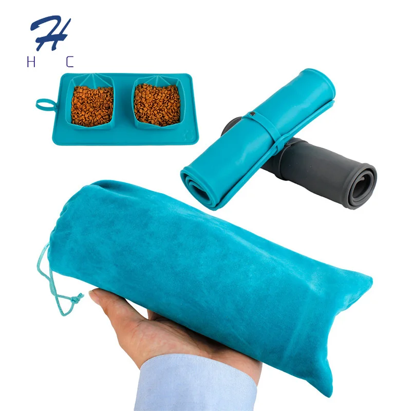 Essential New Portable Dog Folding Silicone Double Collapsible Pet Slow Feeder Bowl for Outdoor