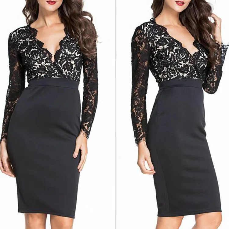 Hot Sale Fashion Elegant Black Lace Long Sleeve Office Woman Dress ...