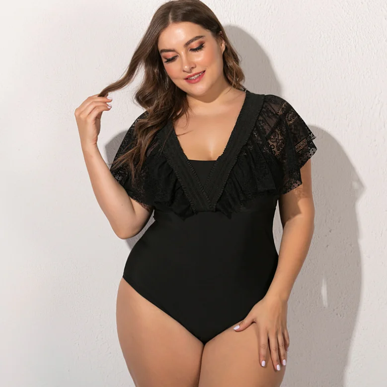 

Best Selling Plump Girls Black Fashion One Piece Beach Bikini New Popular Plus Size Sexy Lace Conservative Swimwear, As picture