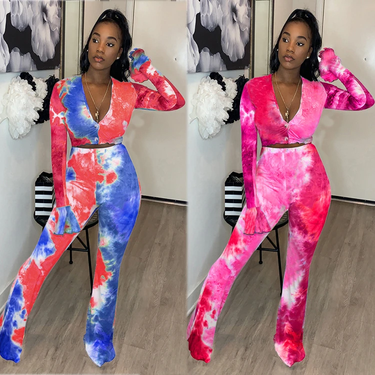 Best Seller Fall 2021 Fashion Sexy Tie Dye  Hollow Out Top And Pants Women Clothes Womens Two Piece Set